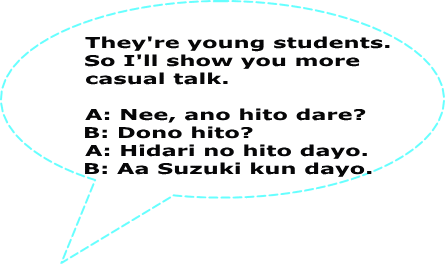 They're young students.  So I'll show you more  casual talk.  A: Nee, ano hito dare? B: Dono hito? A: Hidari no hito dayo. B: Aa Suzuki kun dayo. 